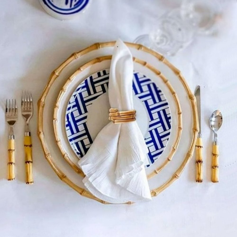 🍴🎋 5p Faux Bamboo Handle Flatware Set - Knife 🔪, 2 Forks, 2 Spoons🥄